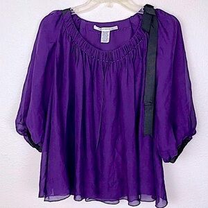 Diane Von Furstenberg Purple Sheer Peasant Blouse with Black Ribbon
